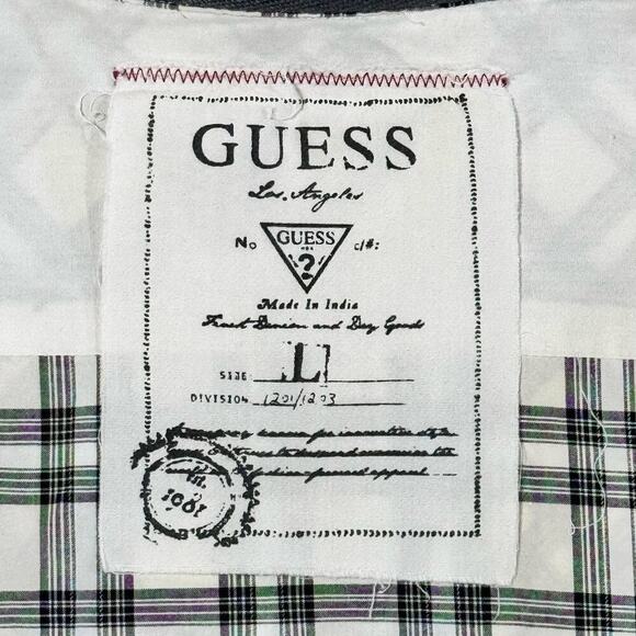 Men's Black &‎ White Western Plaid Shirt Pearl Snaps size Large by Guess - Picture 8 of 11